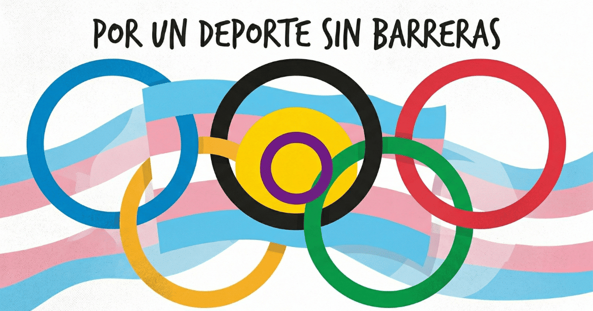 Ilustración de los anillos olímpicos entrelazados con las banderas trans e intersexual y el lema "Por un deporte sin barreras".