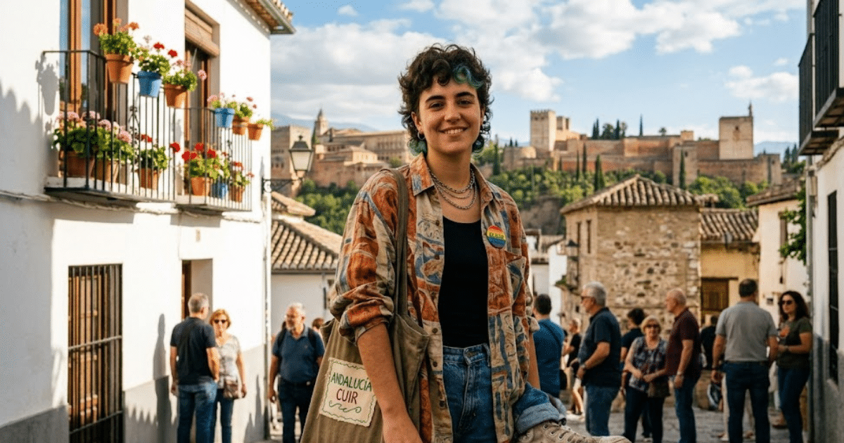 Retrato panorámico de una persona Queer en Granada, sonriendo con la Alhambra de fondo. Viste ropa de estilo Queer y un bolso con el texto 'Andalucía Cuir' y 'Reivindicativo y Ambiguo', reflejando la identidad Queer descrita en el artículo.
