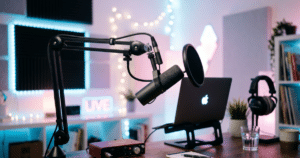 Estudio de grabación con un micrófono y un ordenador portátil. De fondo, luces ambientales difuminadas con los colores azul, rosa y blanco de la bandera trans, representando el espacio de trabajo de los creadores de contenido digital objeto del informe sobre ciberacoso.