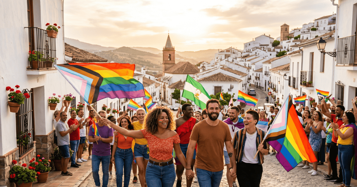 Grupo diverso de personas sonrientes marchando con banderas del Orgullo LGTBI progresista y de Andalucía por una calle peatonal de un pueblo blanco andaluz durante el atardecer.