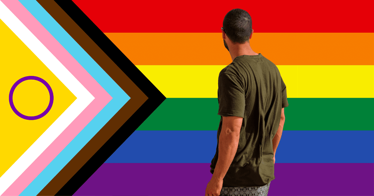 Plano posterior de una persona con camiseta verde contemplando la bandera del Orgullo Progresista Intersex inclusiva, que muestra franjas horizontales con los colores del arcoíris y un triángulo lateral con los colores trans, trazo intersex y bandas representativas de la diversidad.