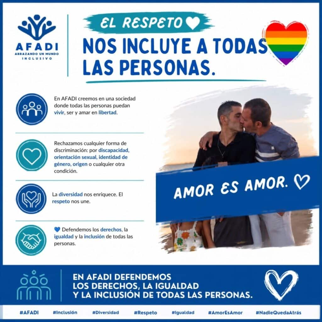 Infografía de la asociación AFADI con el lema "El respeto nos incluye a todas las personas", mensajes a favor de la inclusión y la diversidad, y una imagen de fondo de la familia del edil Rafael Reyes.
