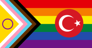 Ilustración de la bandera inclusiva del Progreso LGTBI+ que incorpora el círculo rojo con la media luna y la estrella blanca de la bandera de Turquía.